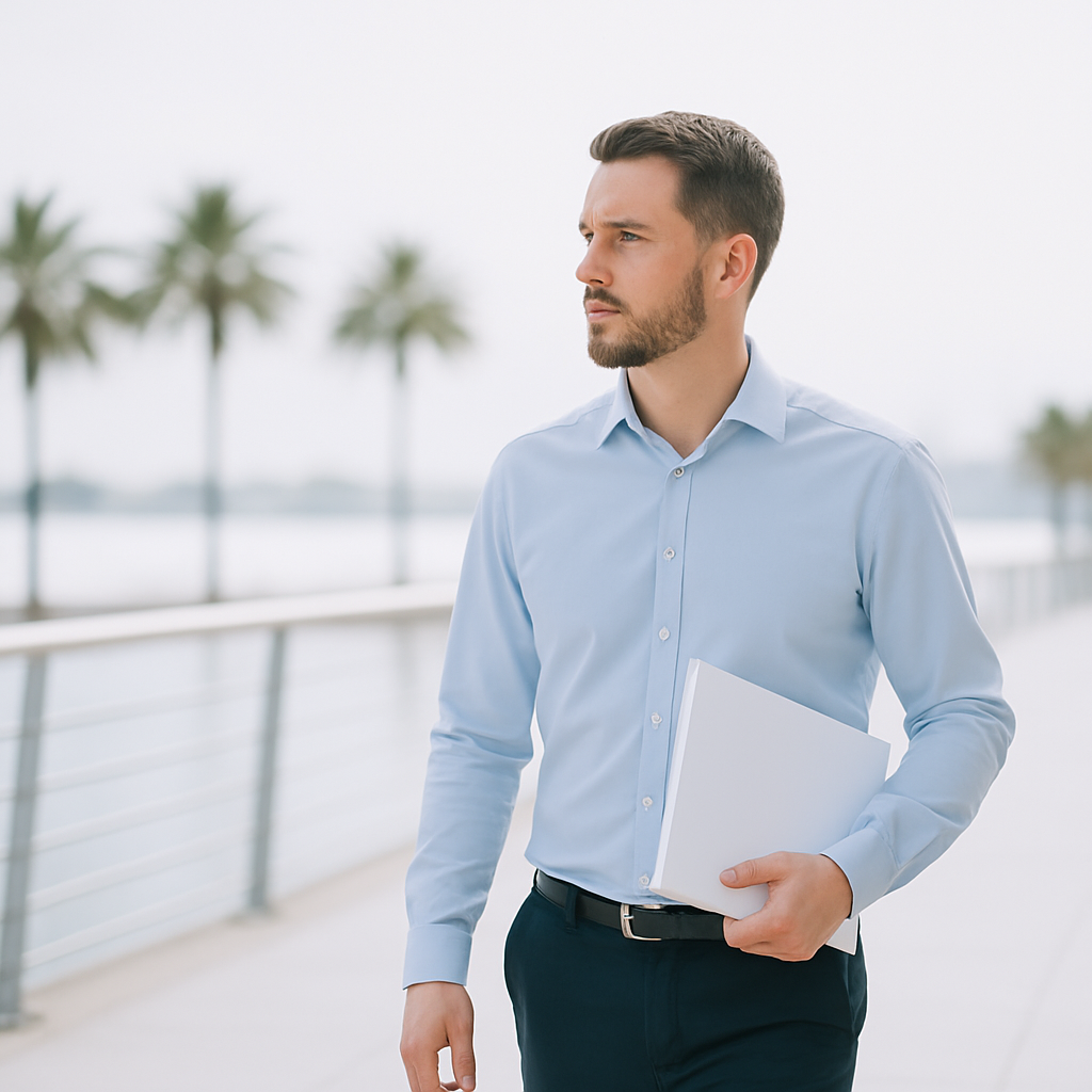 A professional process server carrying a document folder along a Tampa waterfront boardwalk