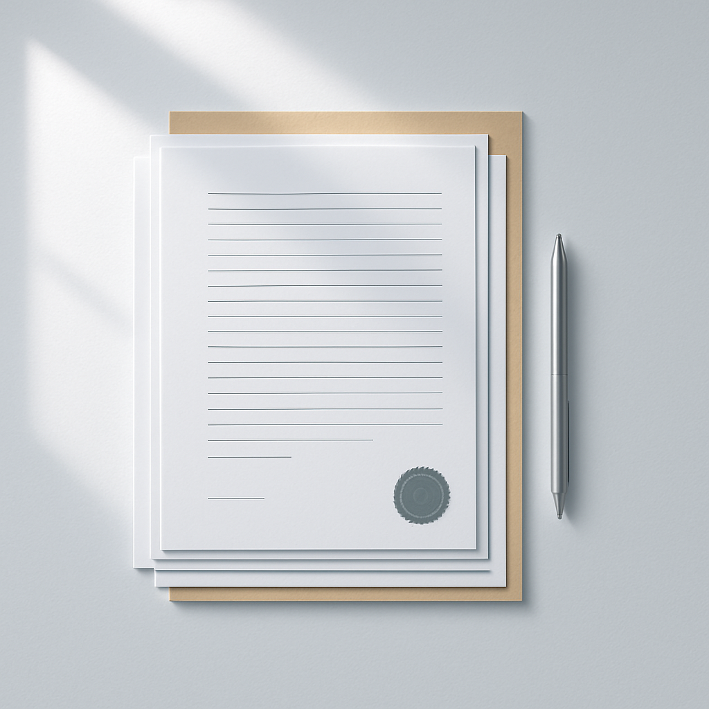 Neatly prepared legal documents with an envelope and seal on a clean white desk